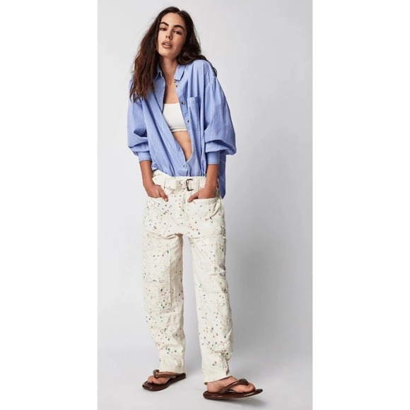 Free People Belted Painter Pants‎ Cargo White Artist Paint Size 6
